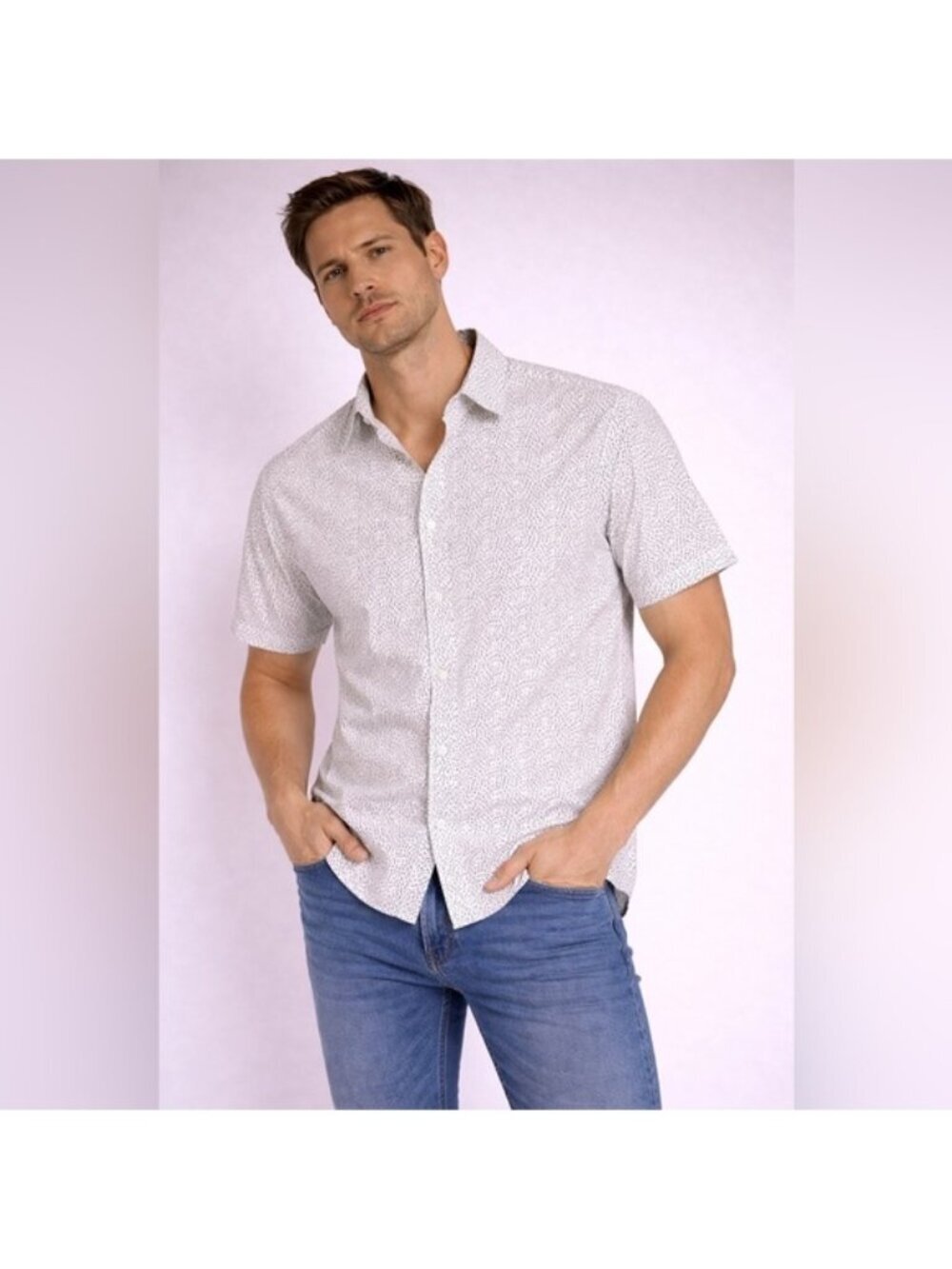 Topman Short Sleeve Button-Up Shirt – White & Black Micro Print – Size L